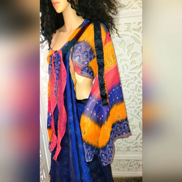 Exotic Blue & Gold Multicolor Silk Cropped Tie Top - Picture 6 of 15